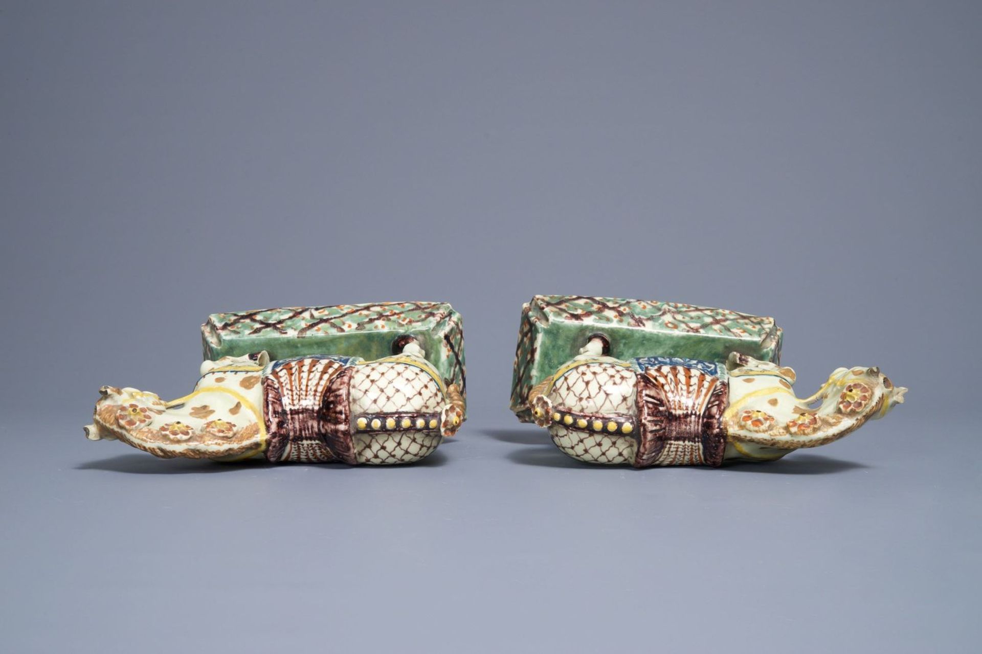 A pair of polychrome Dutch Delft lime-green ground models of circus horses, 19th C. - Image 7 of 7