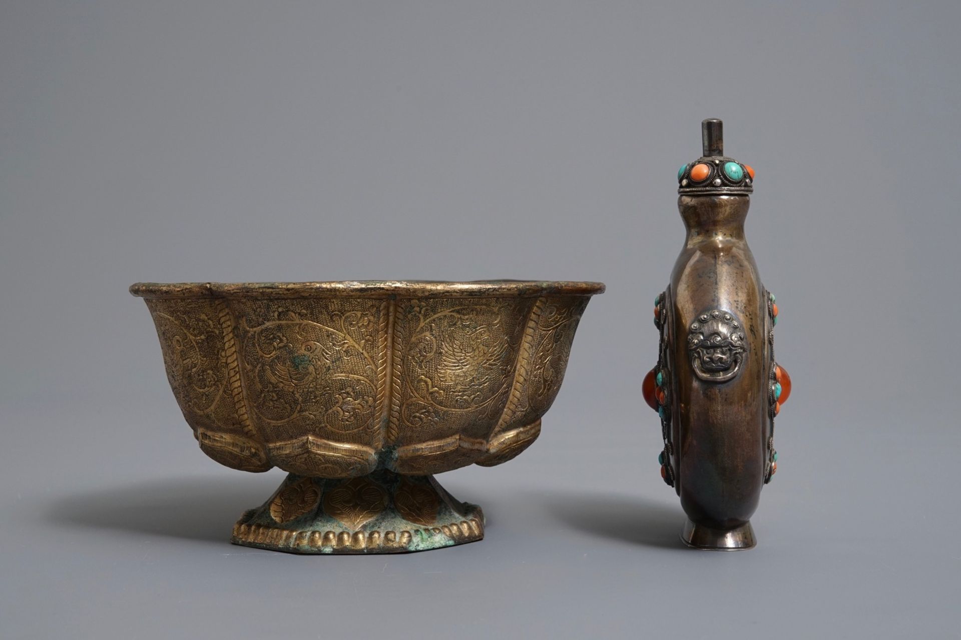 A gilt brass bowl and an inlaid silver flask, Tibet, 19/20th C. - Image 6 of 8