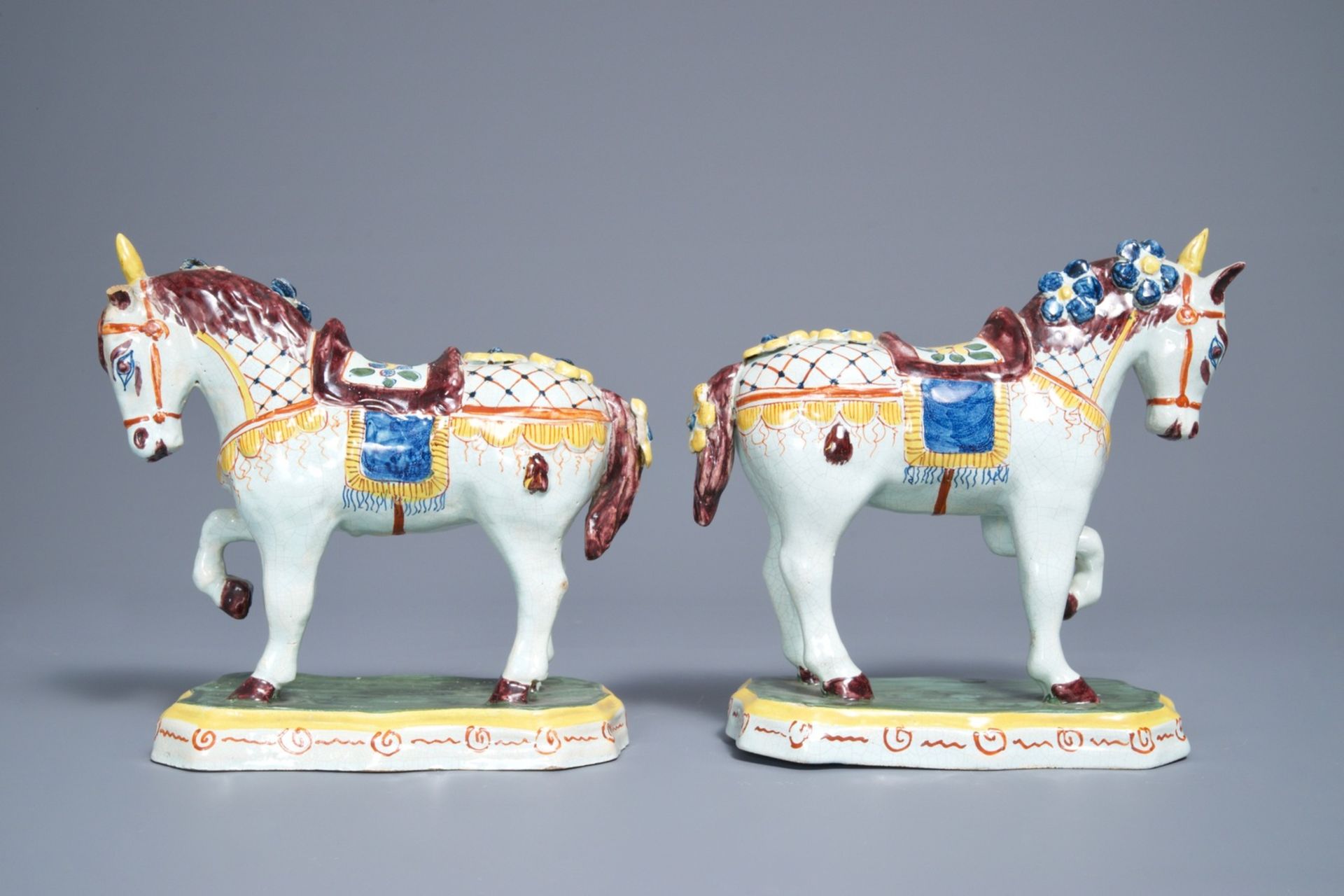 A pair of polychrome Dutch Delft models of circus horses, 19th C. - Image 2 of 6
