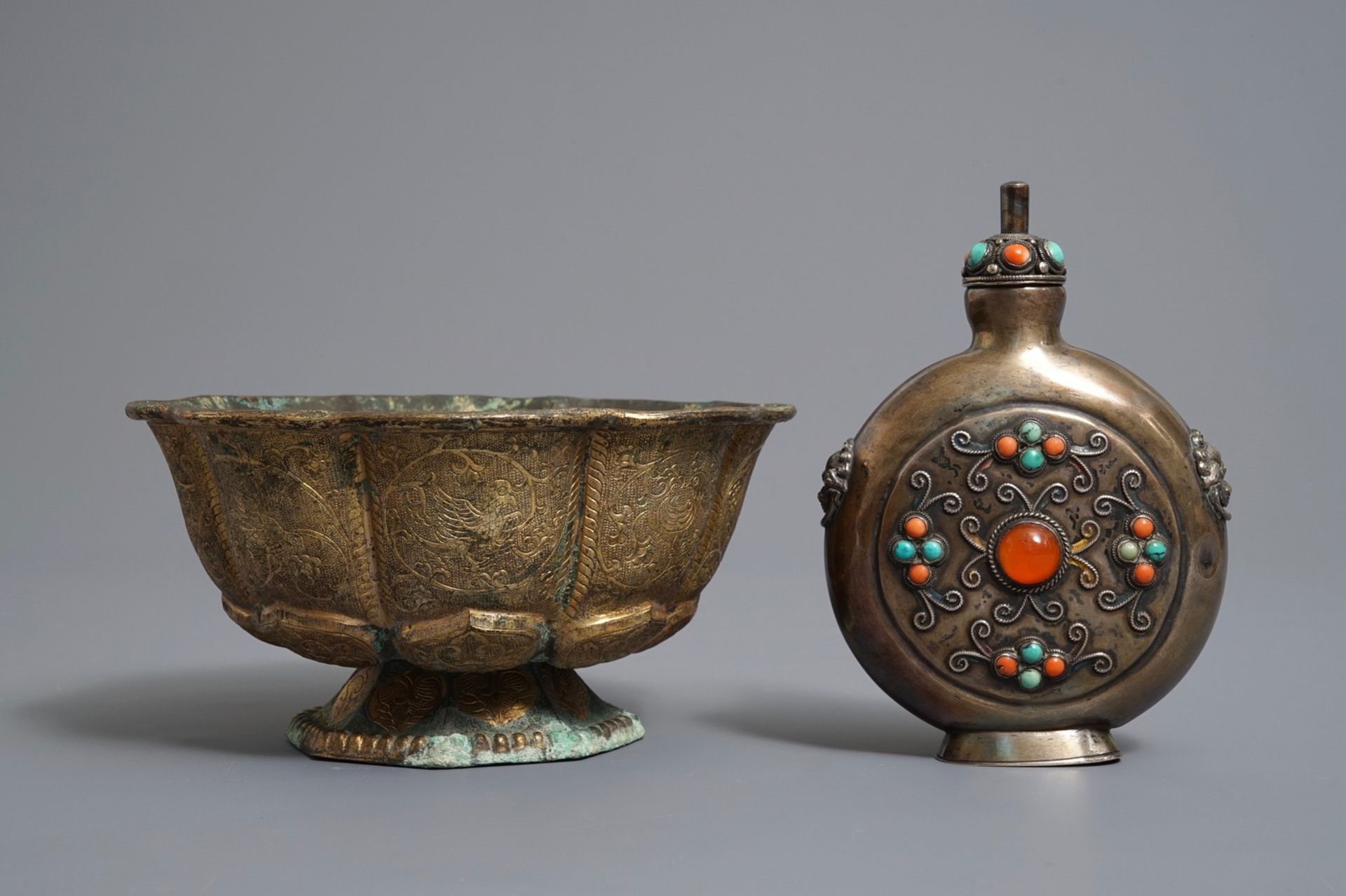 A gilt brass bowl and an inlaid silver flask, Tibet, 19/20th C. - Image 5 of 8