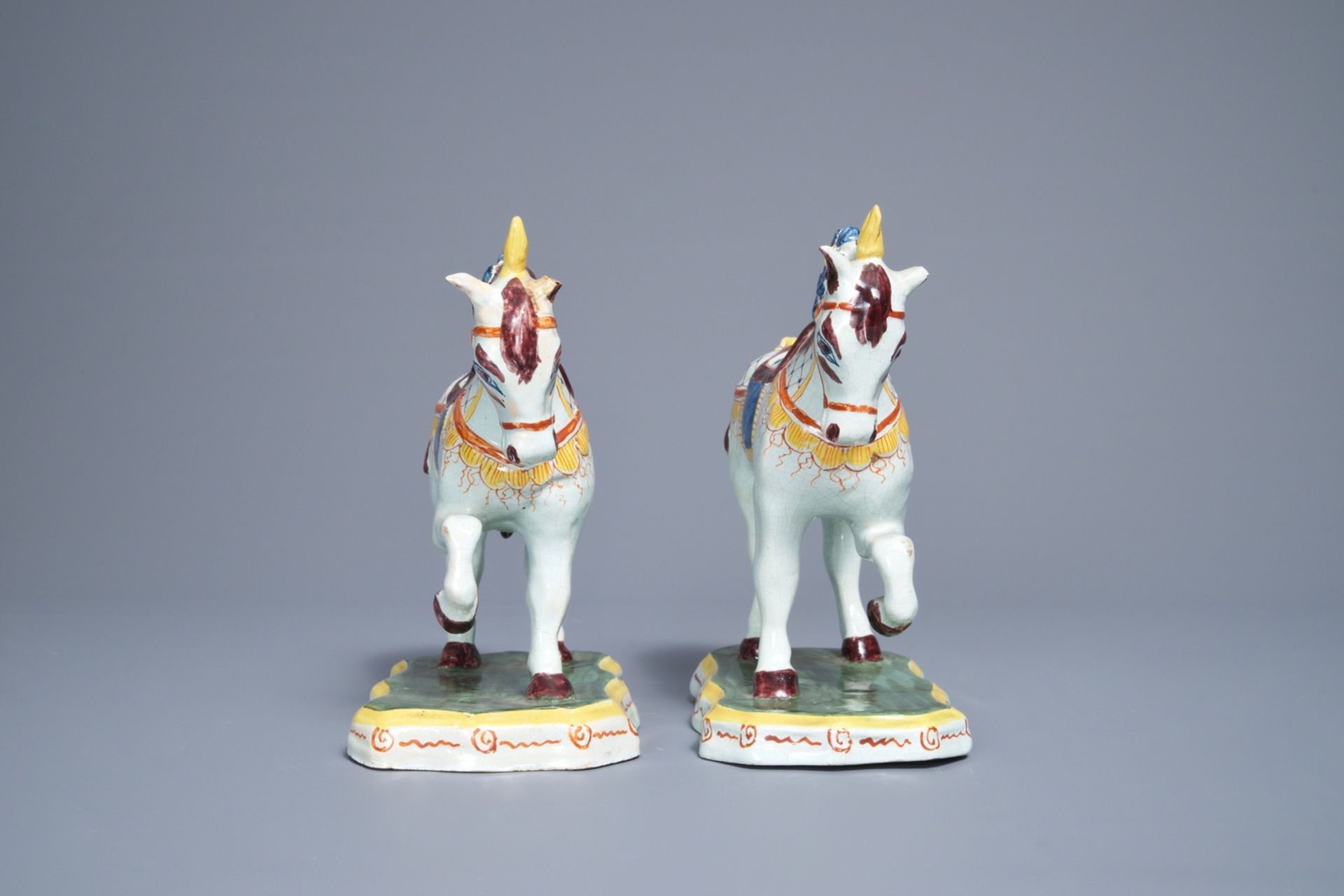 A pair of polychrome Dutch Delft models of circus horses, 19th C. - Image 4 of 6