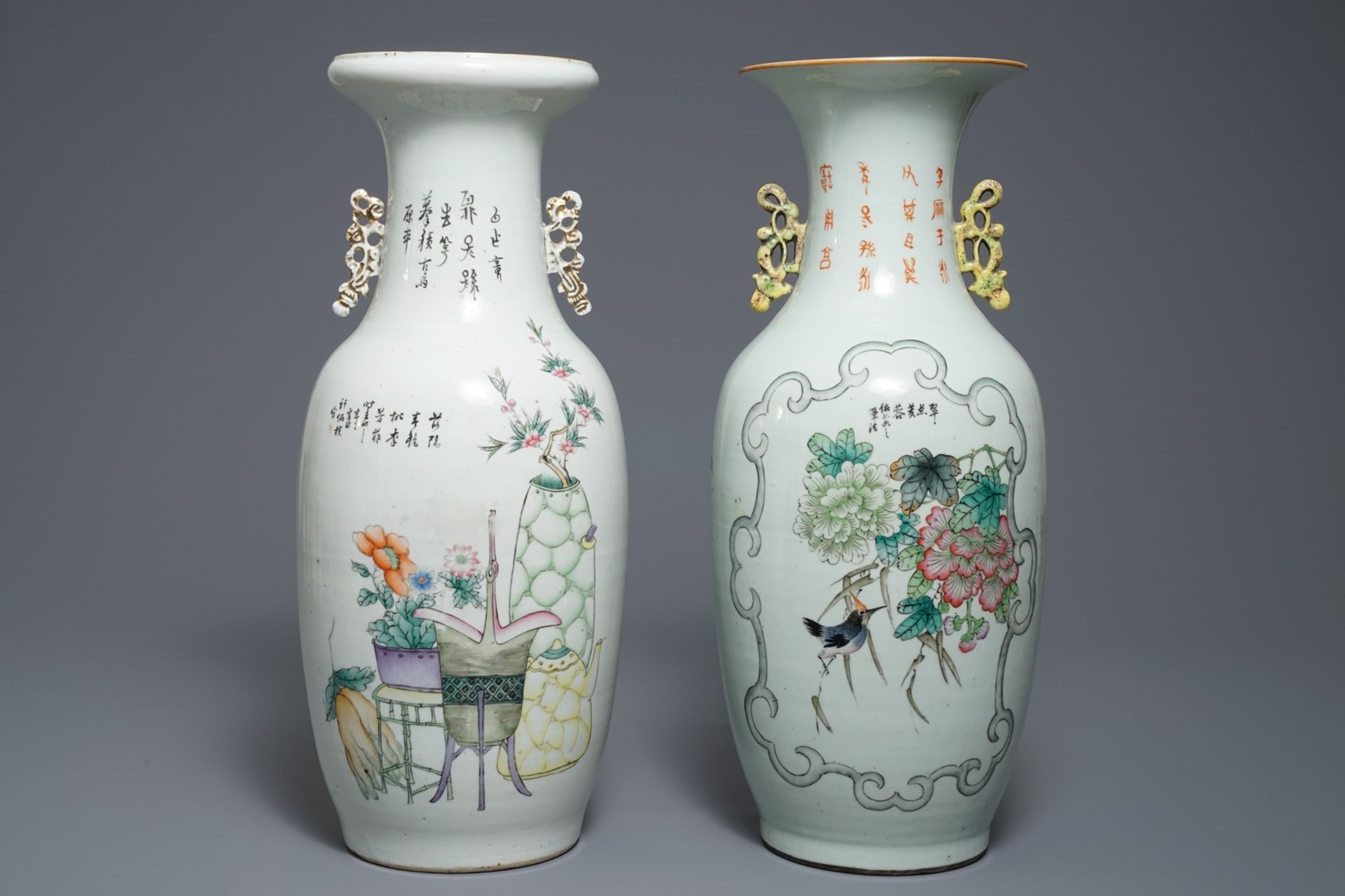 Two Chinese famille rose two-sided design vases, 19/20th C. - Image 2 of 6