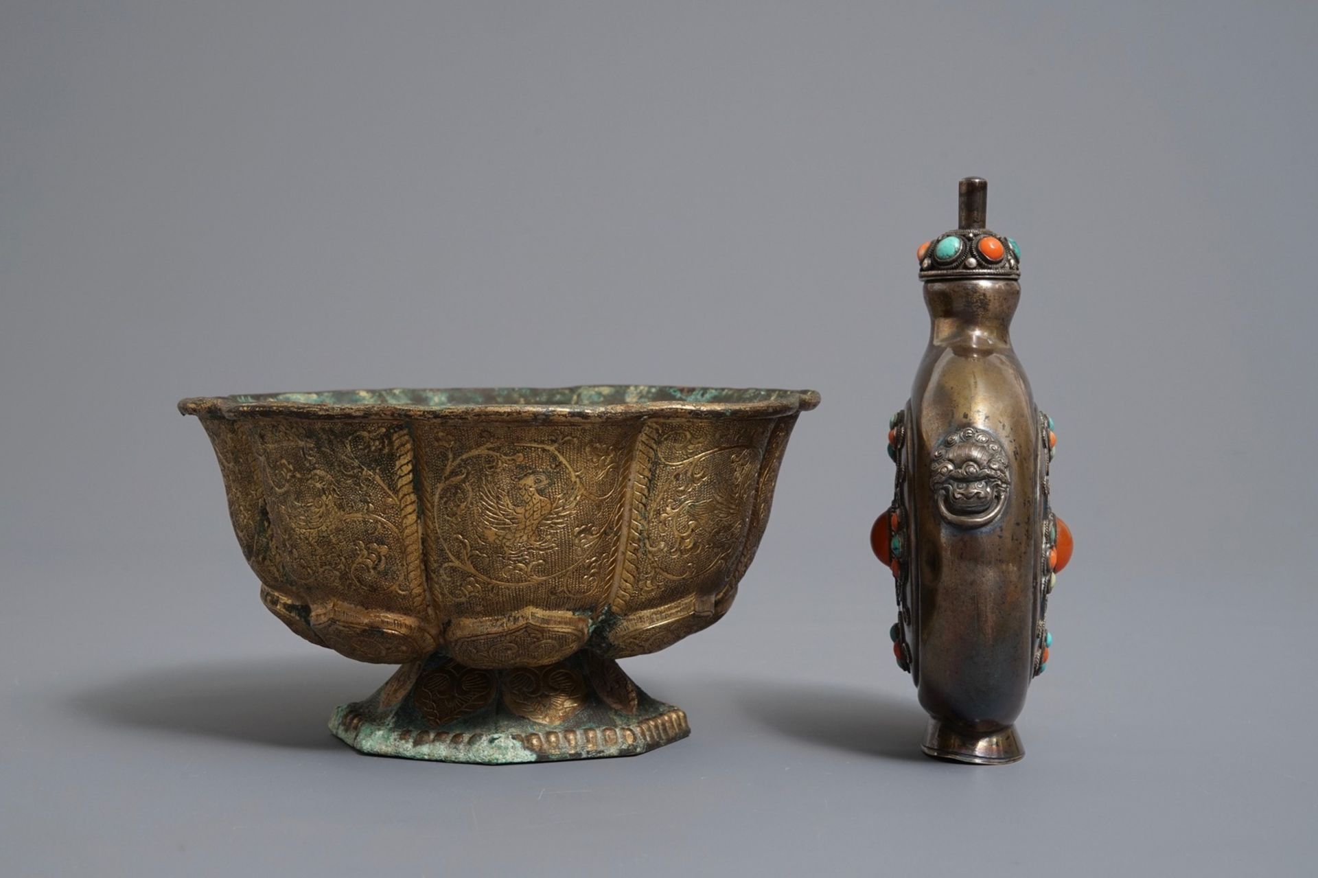 A gilt brass bowl and an inlaid silver flask, Tibet, 19/20th C. - Image 4 of 8