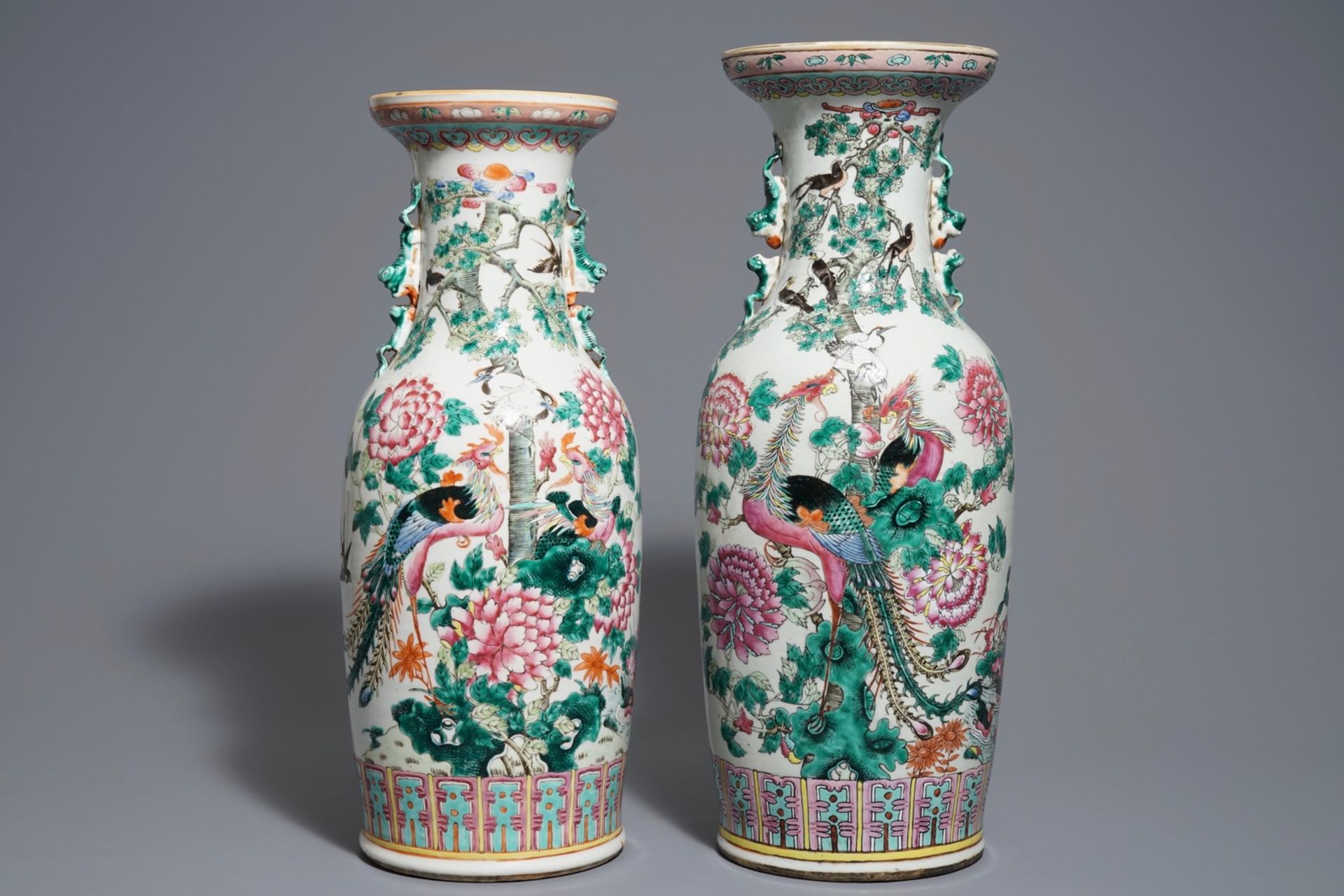 Two Chinese famille rose 'phoenix' vases, 19th C.