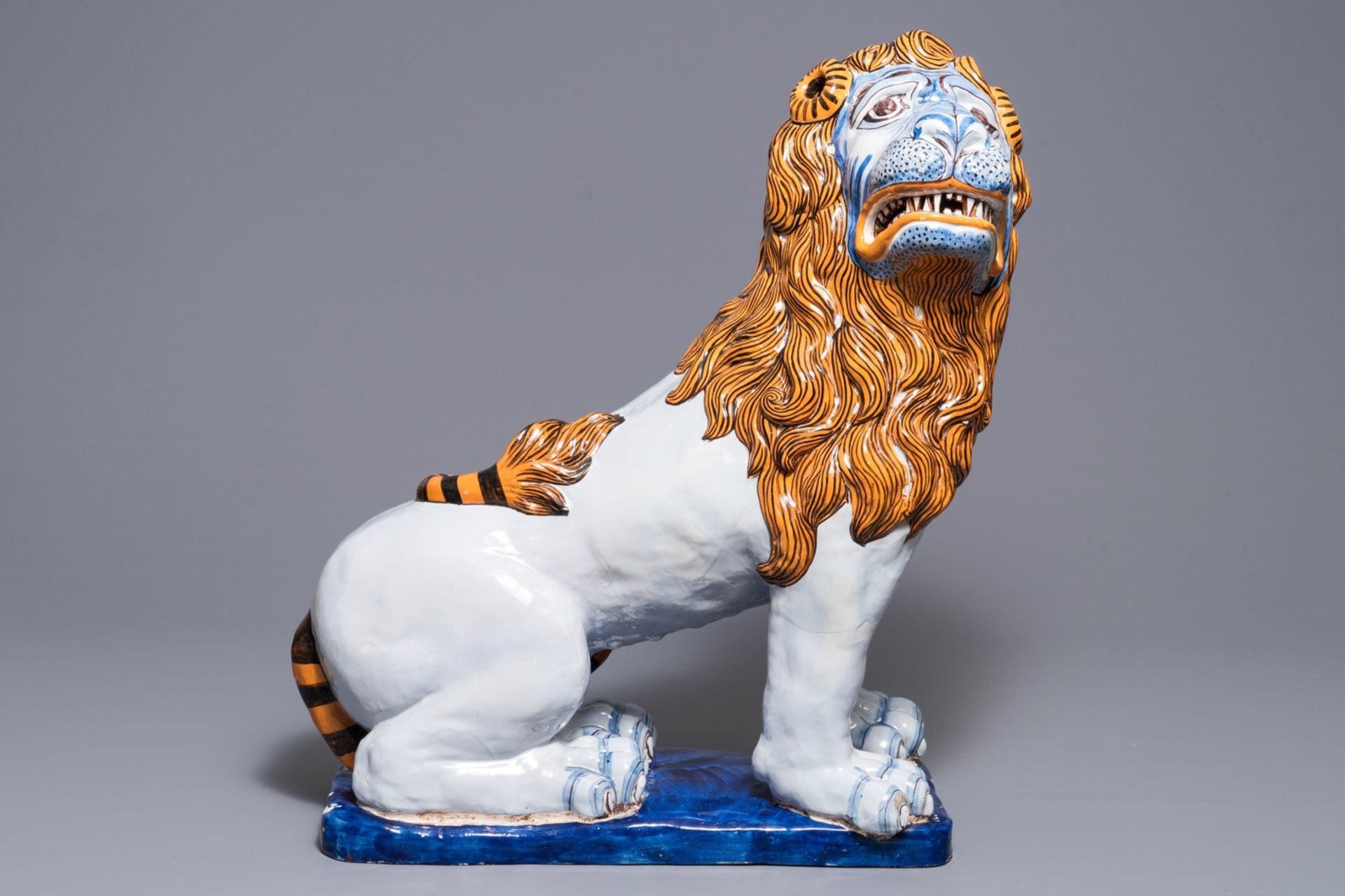 A massive French faience model of a lion, Rouen, late 19th C - Image 2 of 8