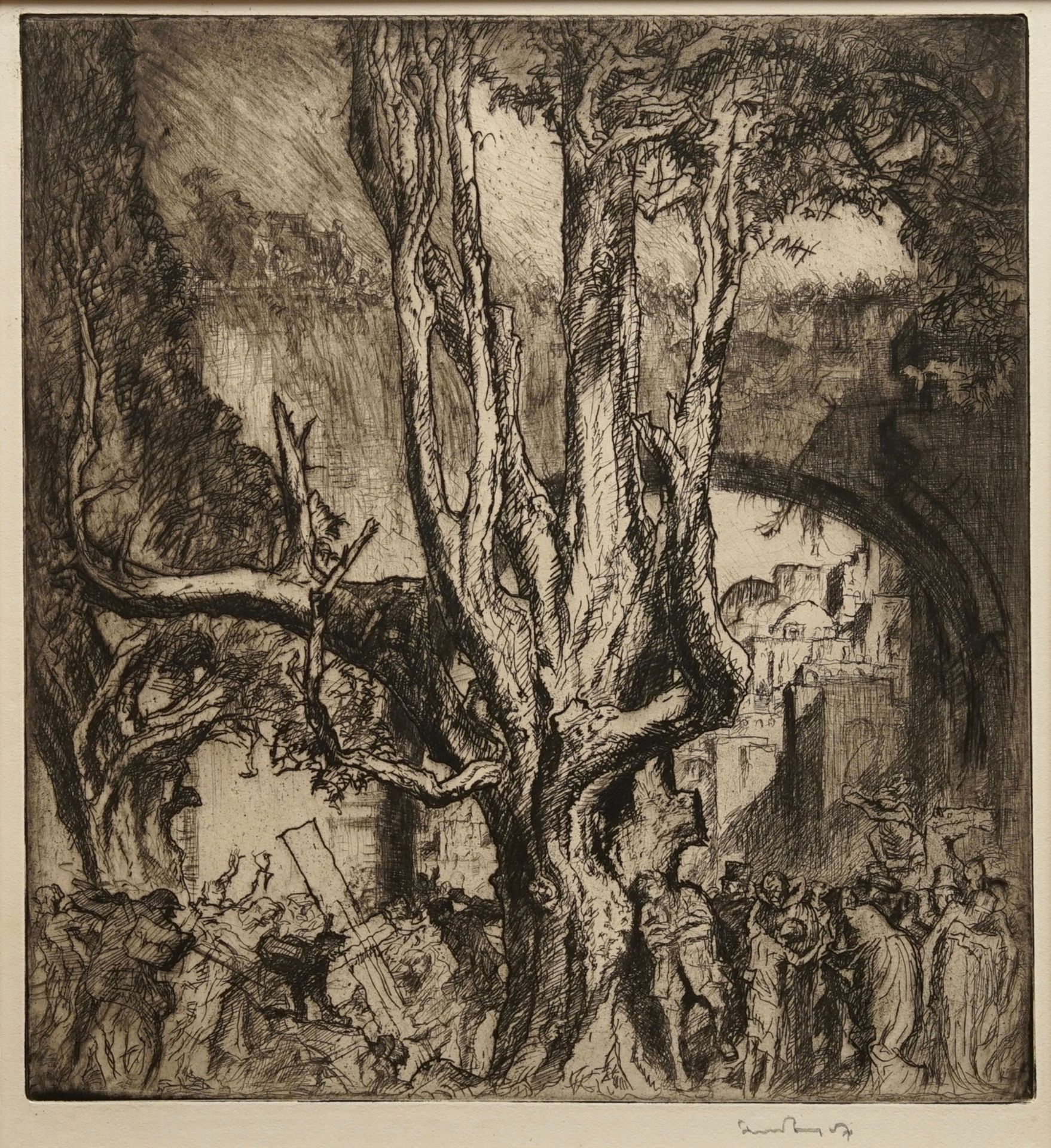 Frank Brangwyn (1867 - 1956): Three etchings, incl. two from 'L'ombre de la croix' - Image 2 of 7