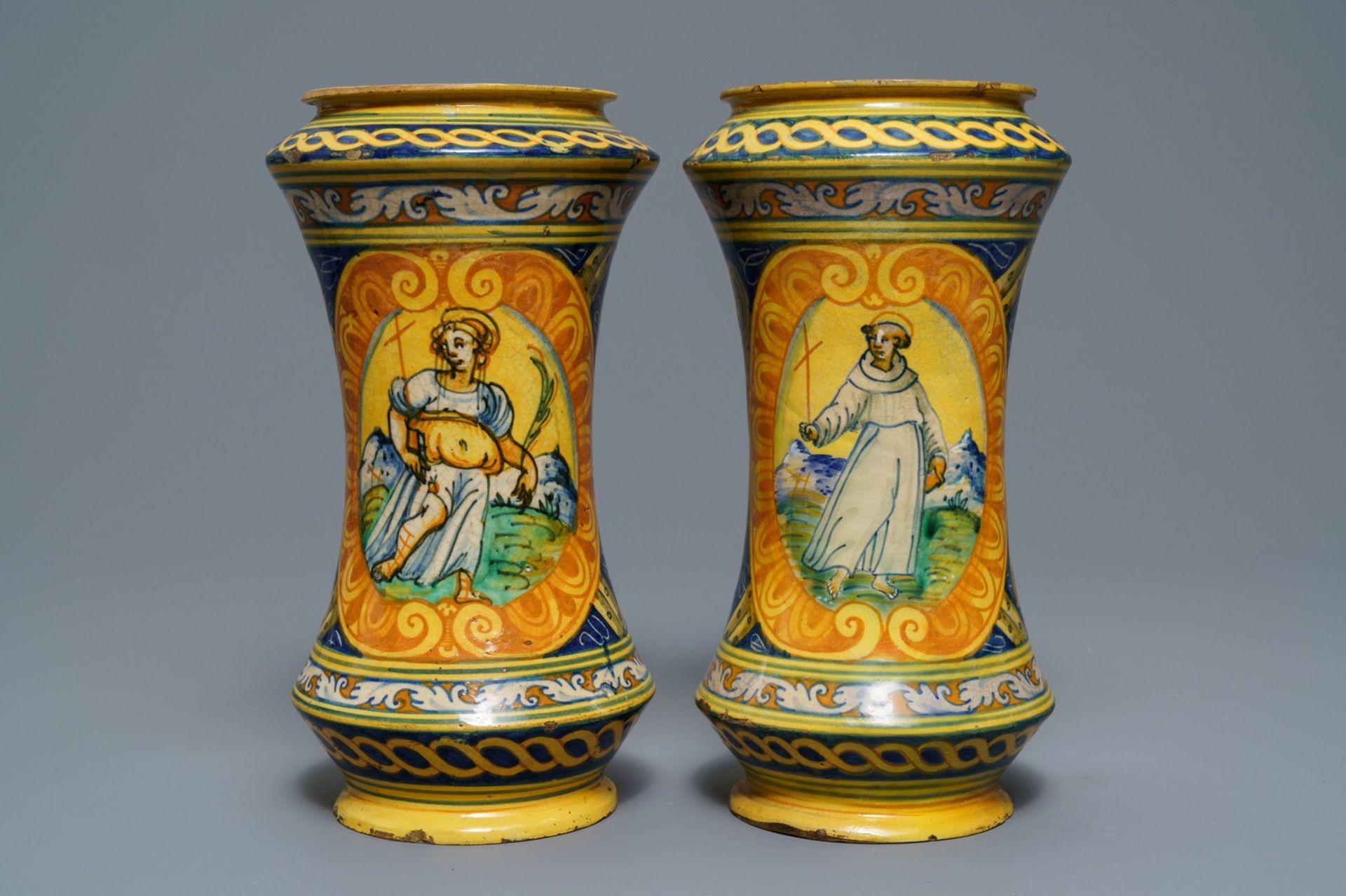 A pair of polychrome Italian maiolica albarelli, Palermo, Lazzaro workshop, ca. 1600