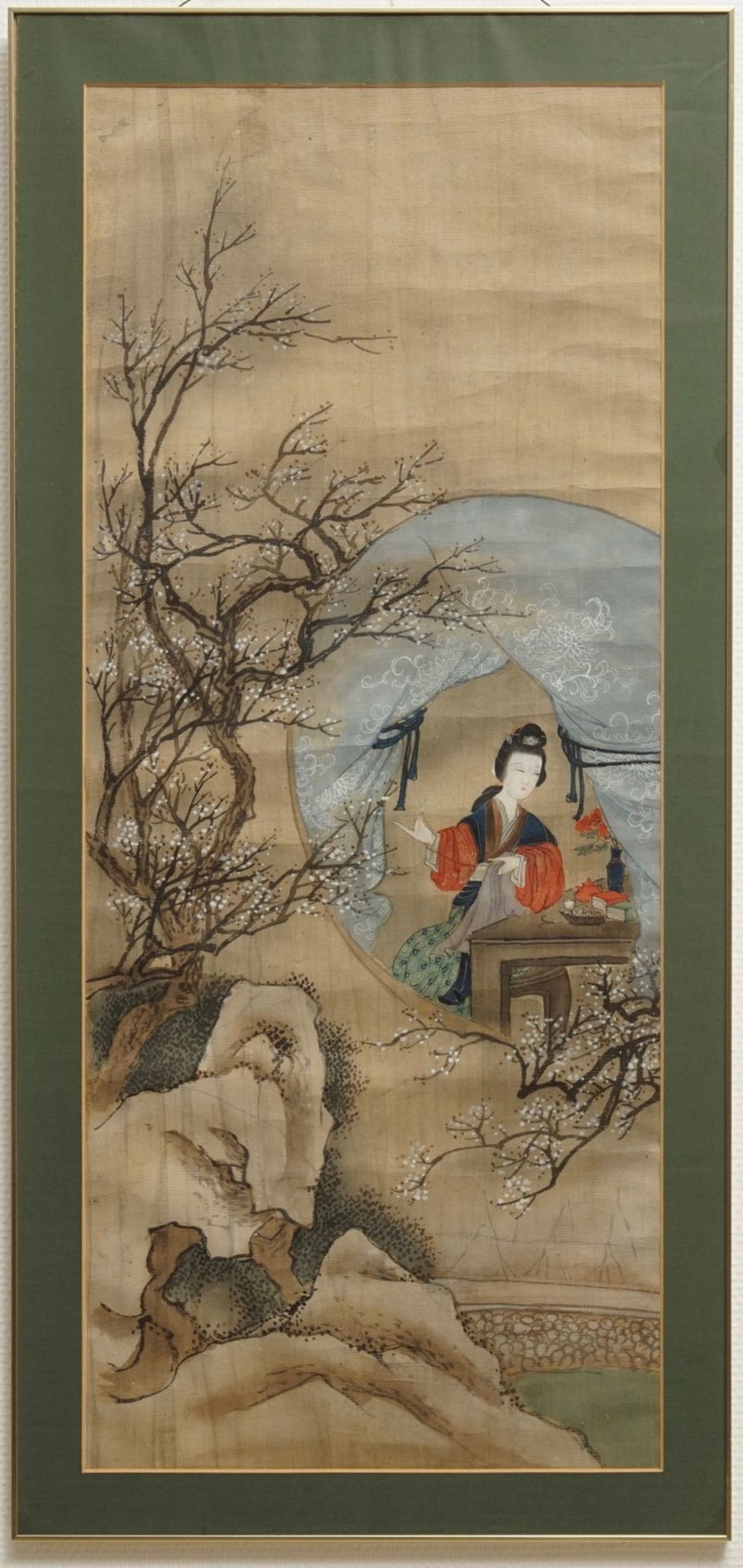 Chinese school: Two landscapes with ladies and peonies, ink and colour on silk, 18/19th C. - Image 2 of 3