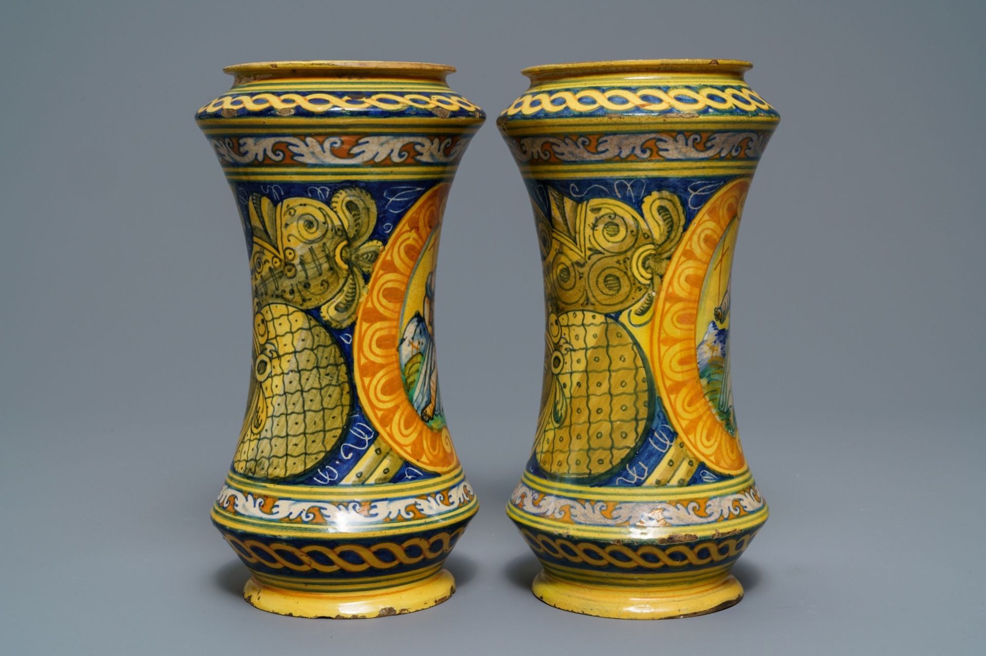 A pair of polychrome Italian maiolica albarelli, Palermo, Lazzaro workshop, ca. 1600 - Image 4 of 6