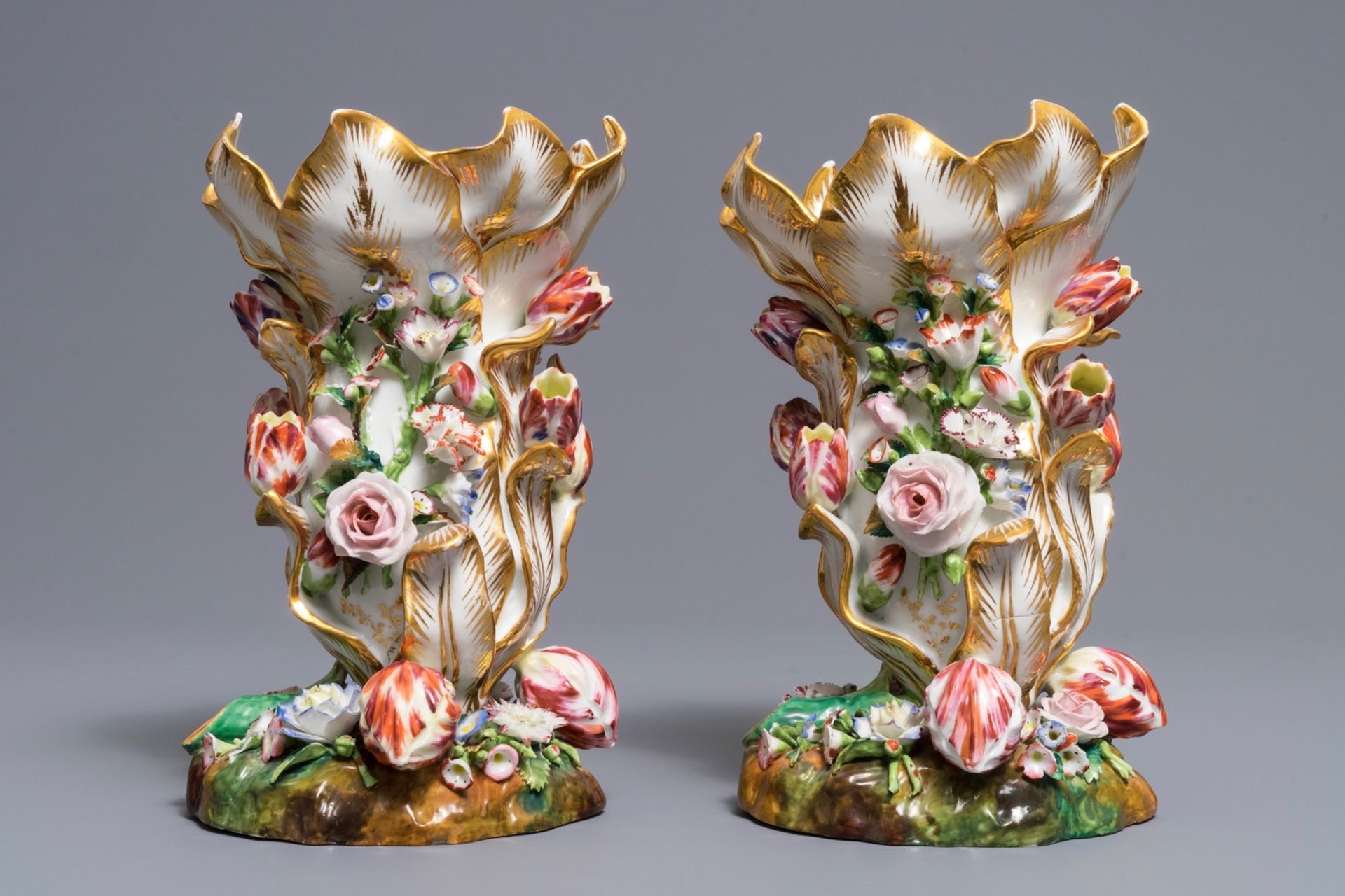 A pair of vases with applied floral design, Jacob Petit, Paris, 19th C. - Image 3 of 6