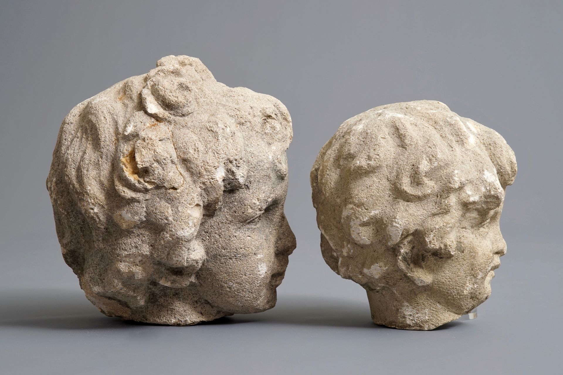 Two carved stone cherub's heads, poss. France, 17th C. - Image 3 of 7