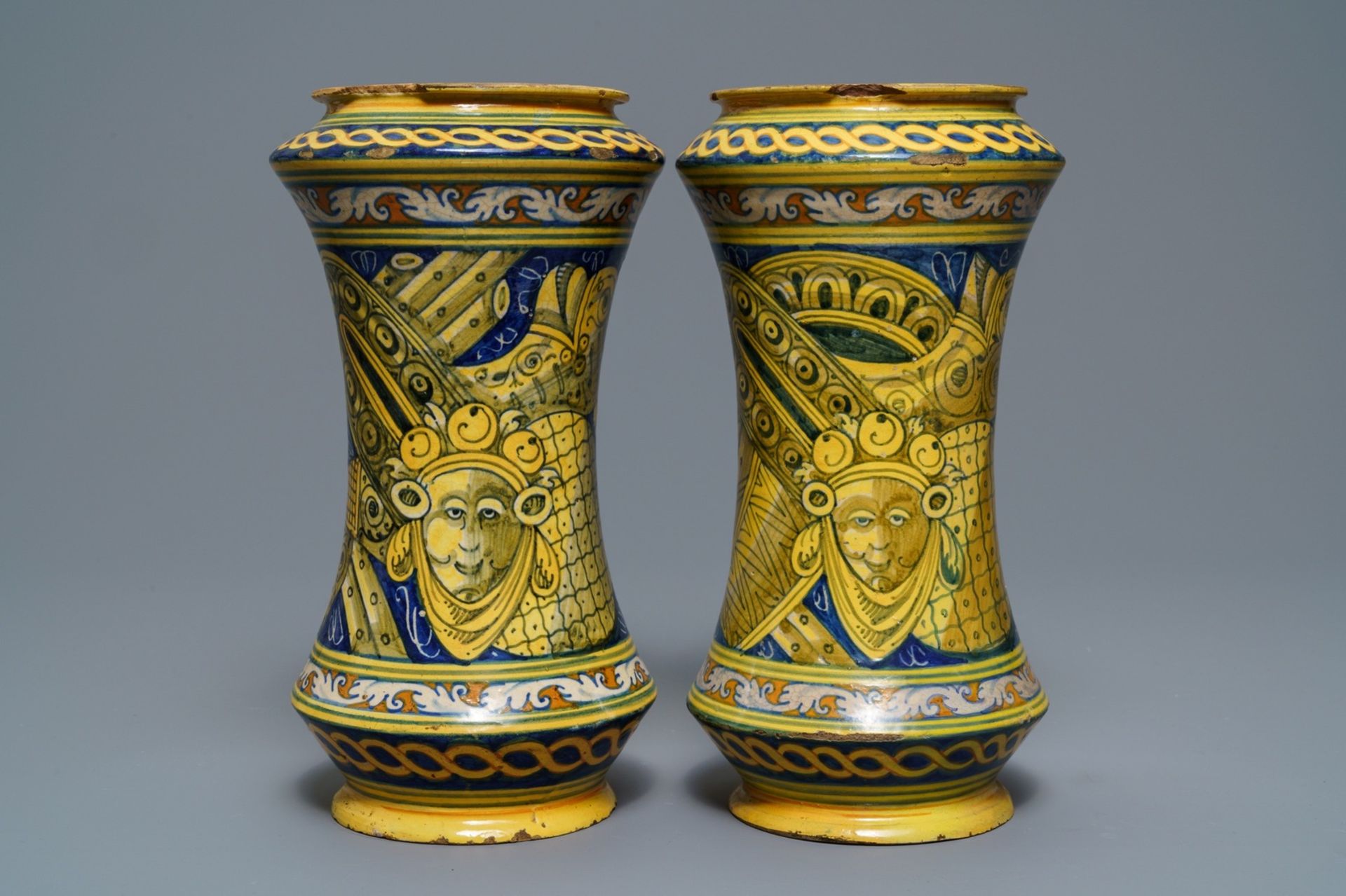 A pair of polychrome Italian maiolica albarelli, Palermo, Lazzaro workshop, ca. 1600 - Image 3 of 6