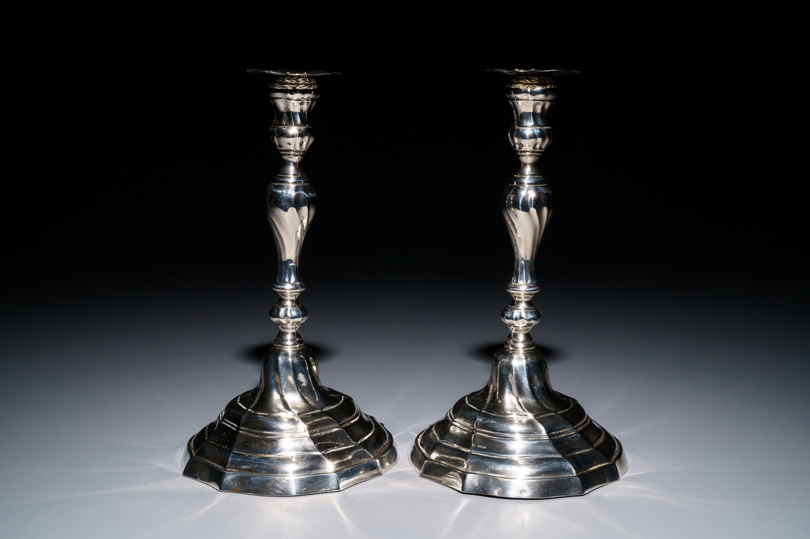 A pair of Belgian silver candlesticks, probably Mons, 2nd half 18th C. - Image 2 of 11