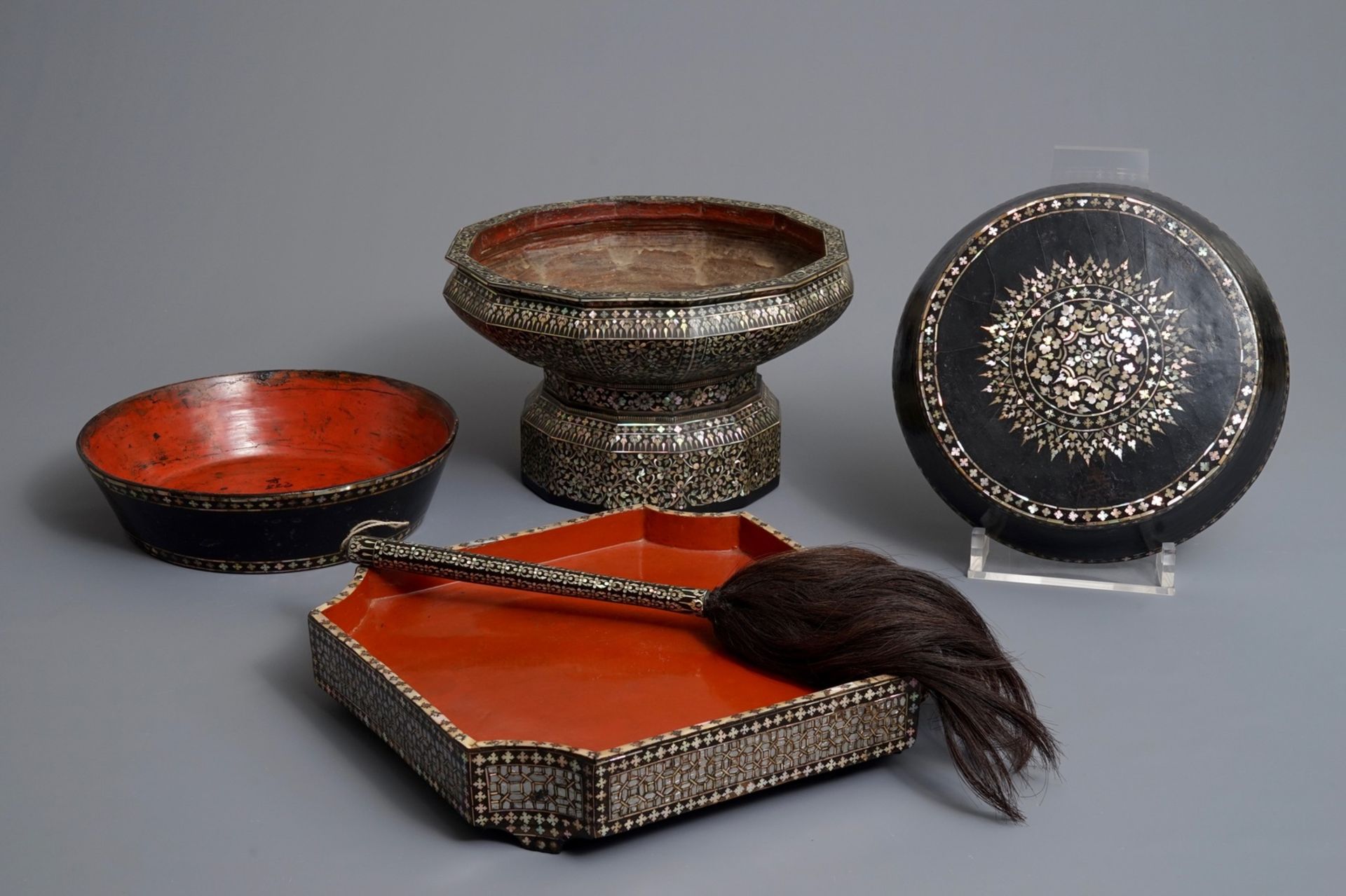 A varied collection of mother-of-pearl and mica-inlaid lacquerware, Southeast Asia, 19/20th C.