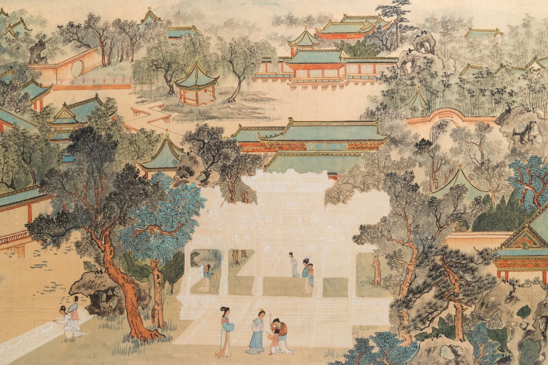 Chinese school: 'Da Guan Yuan' garden, ink and colour on paper, 20th C. - Image 5 of 5