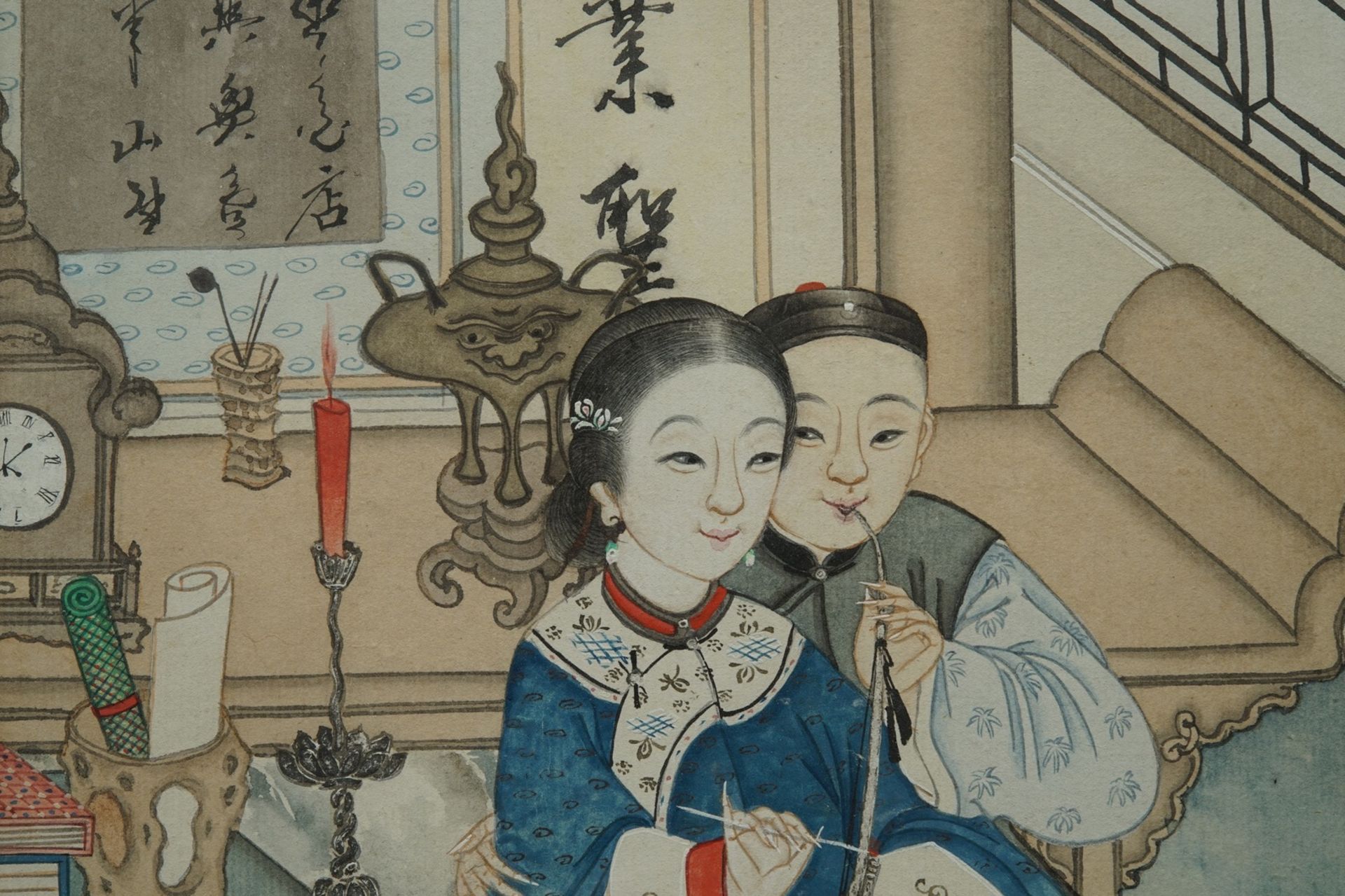 Chinese school: A couple lighting the opium pipe, ink and colour on paper, 18/19th C. - Image 2 of 2