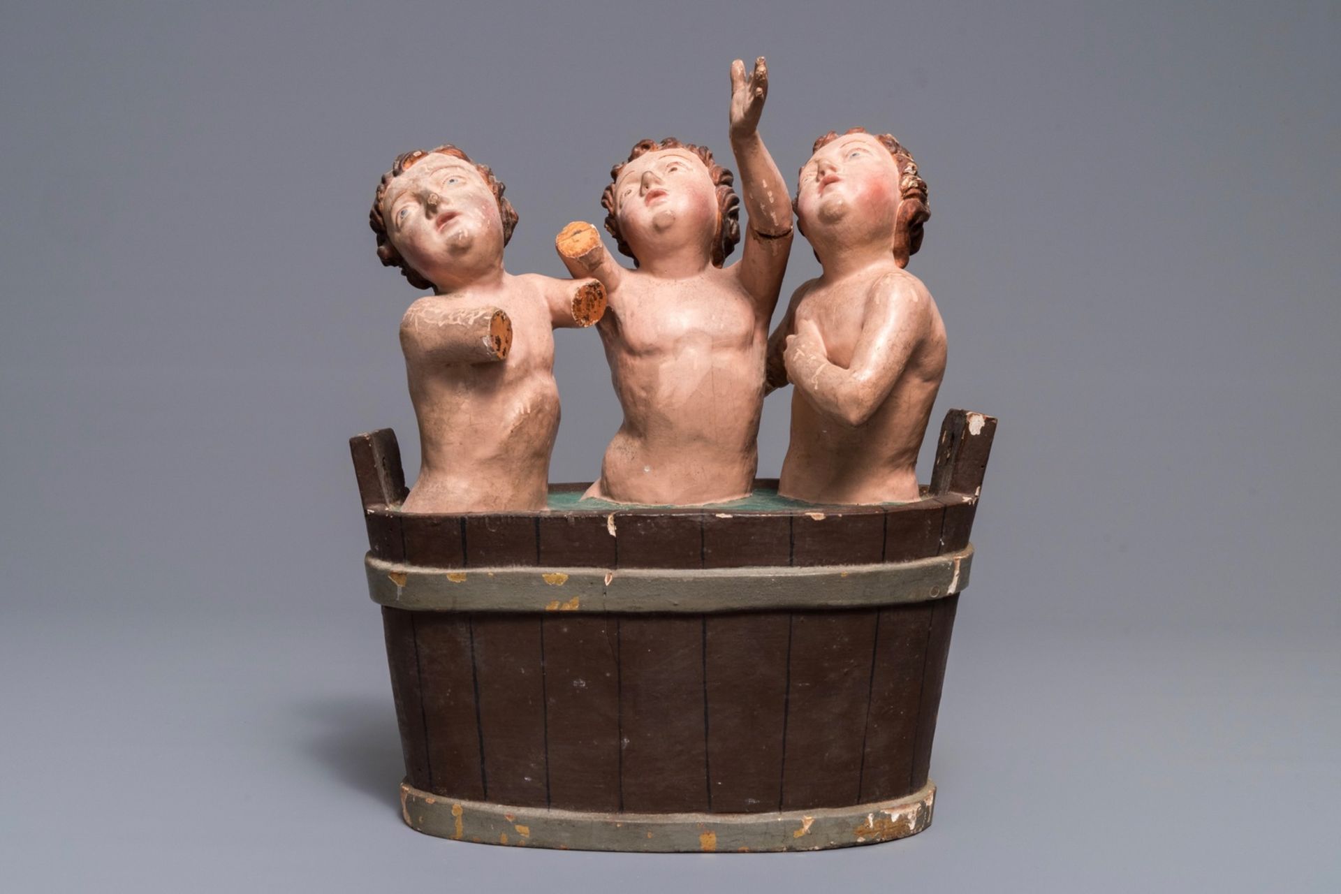 A polychrome carved wood group of 'Saint-Nicholas' children', 18th C. - Image 2 of 7