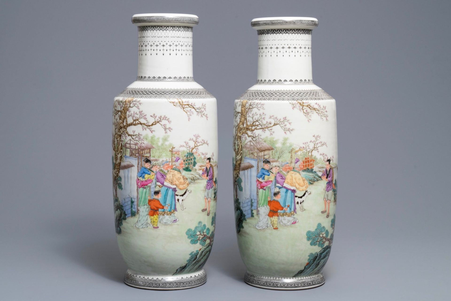 A pair of fine Chinese famille rose rouleau vases, Qianlong mark, Republic, 20th C.