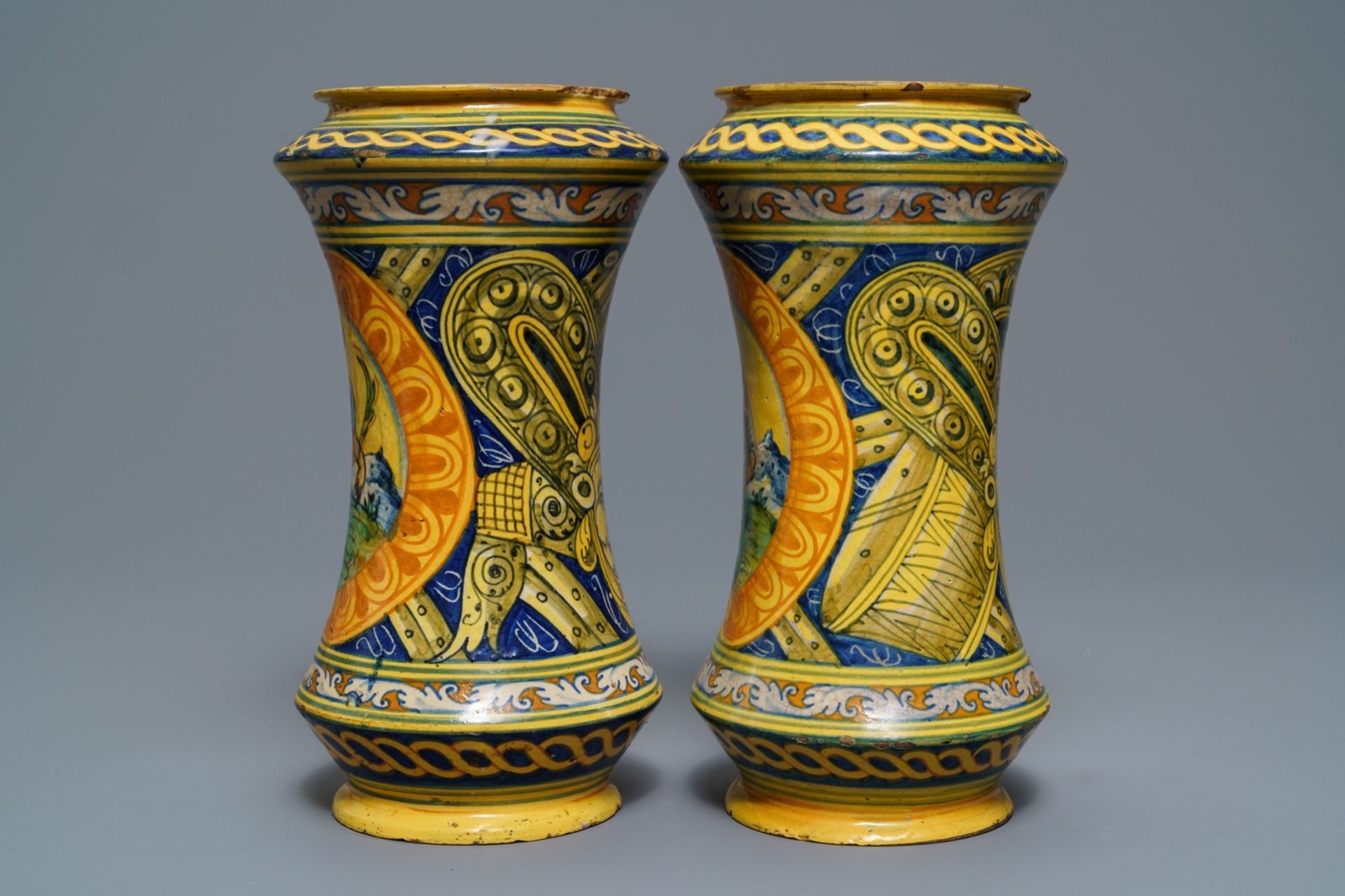 A pair of polychrome Italian maiolica albarelli, Palermo, Lazzaro workshop, ca. 1600 - Image 2 of 6