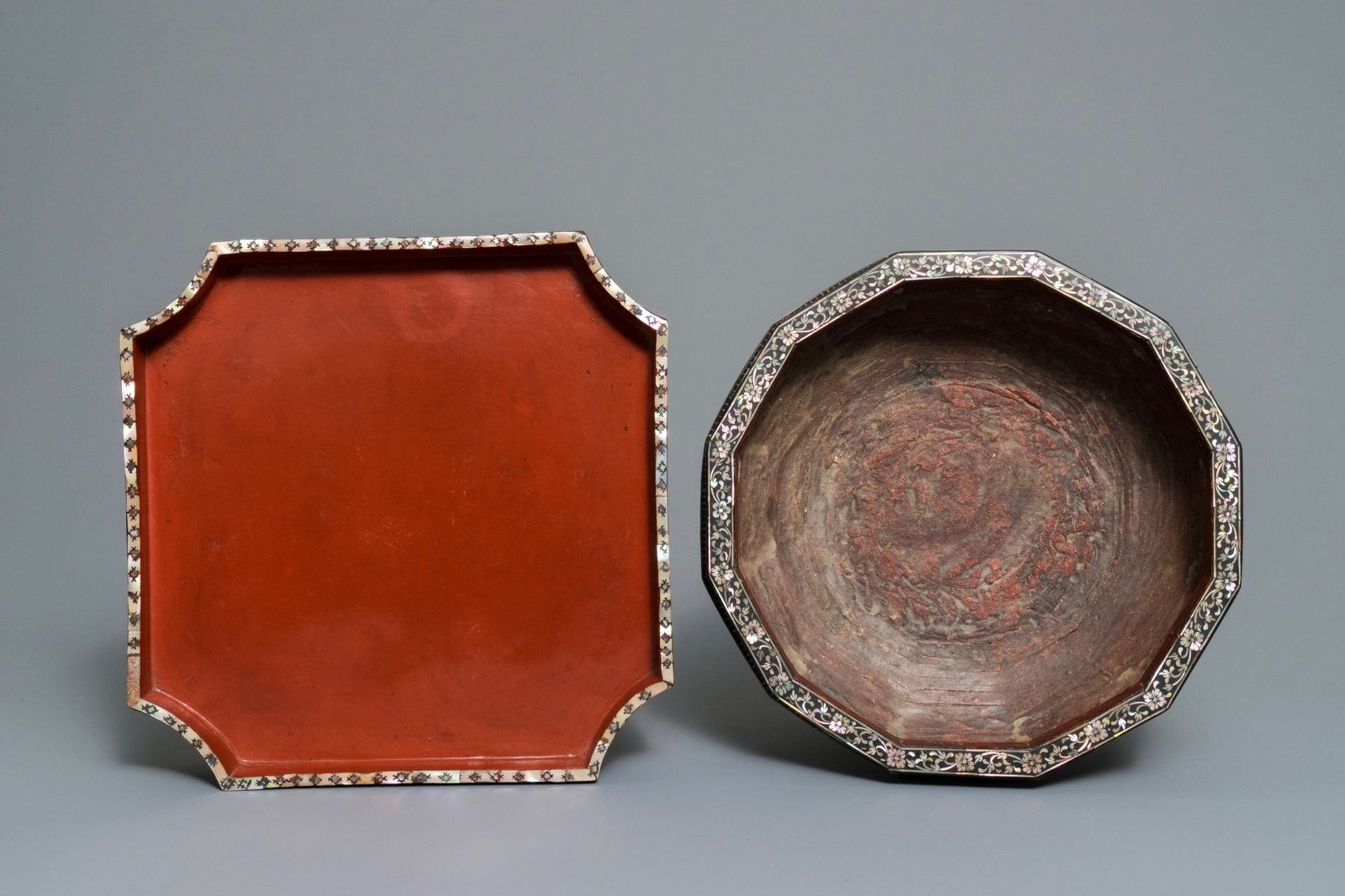 A varied collection of mother-of-pearl and mica-inlaid lacquerware, Southeast Asia, 19/20th C. - Image 4 of 10
