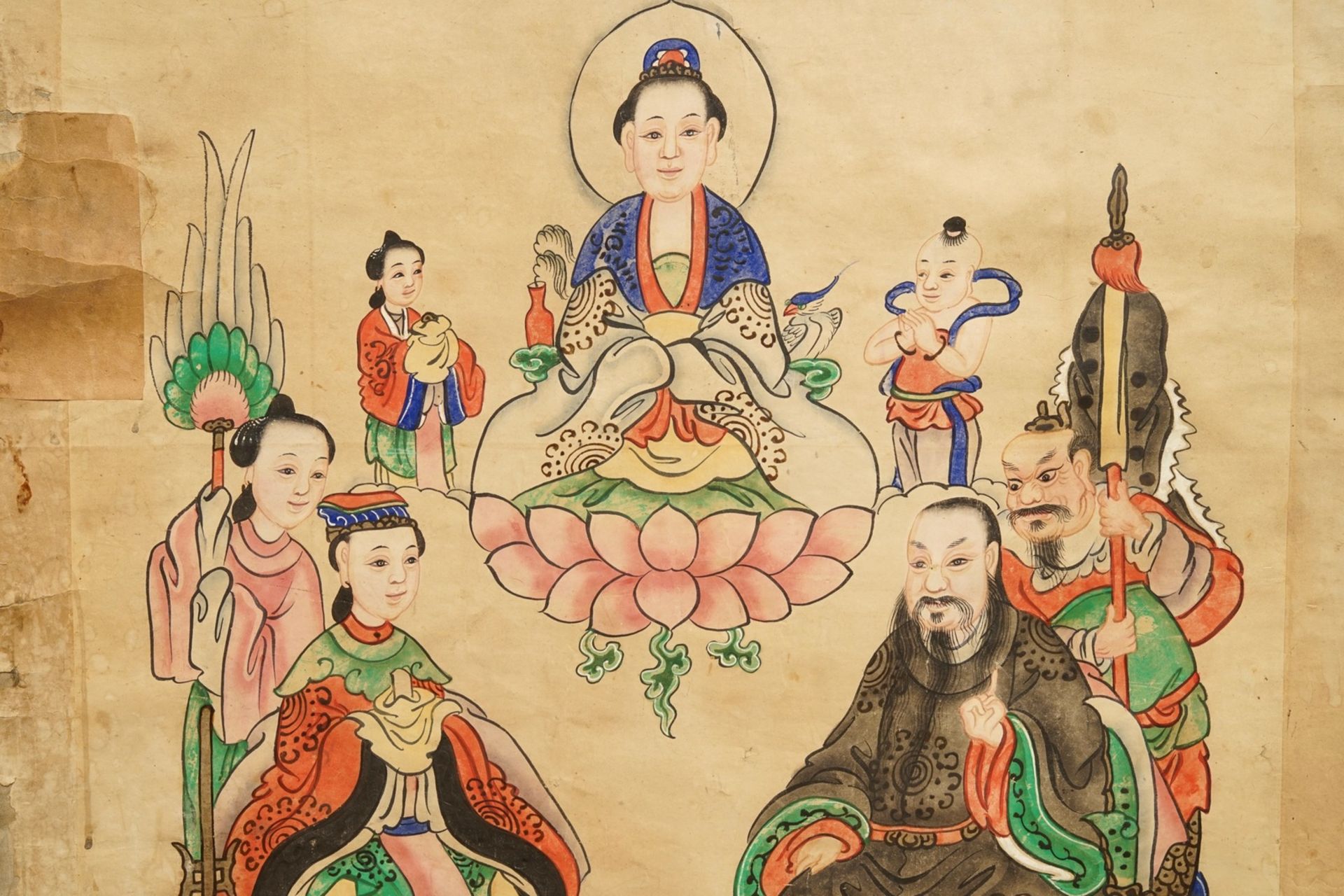 Chinese school: A view on the spring palace, 16/17th C. and 'Guanyin with servants', 19th C. - Image 6 of 10