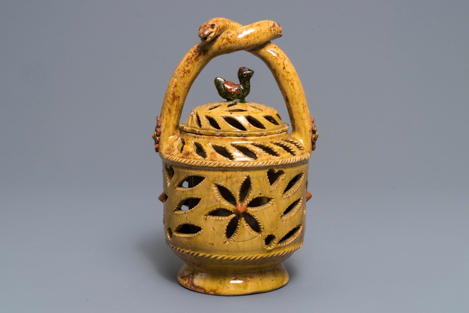 A Flemish pottery fire pit and cover, Torhout, 19th C. - Image 3 of 6