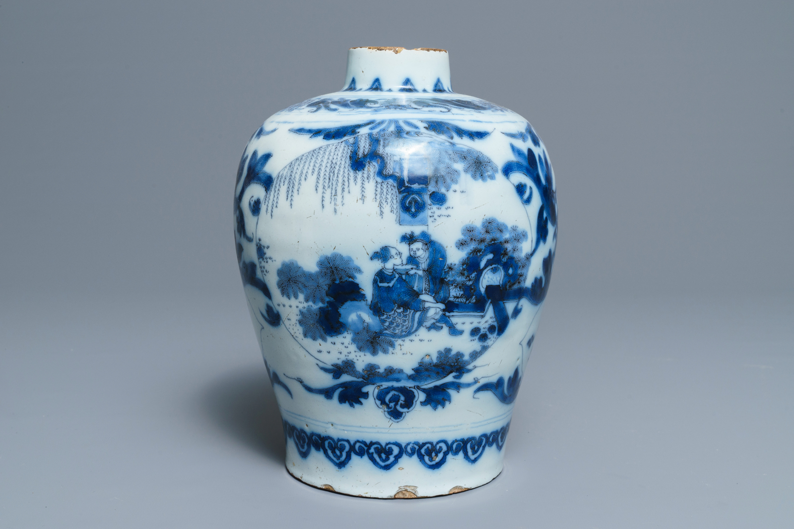 A Dutch Delft blue and white chinoiserie vase, last quarter 17th C.