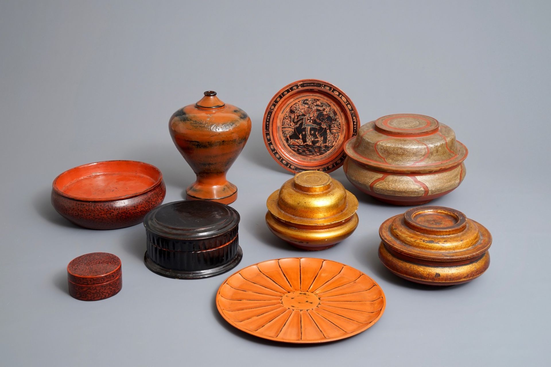 A varied collection of red lacquerware, mostly Burma and India, 19/20th C.