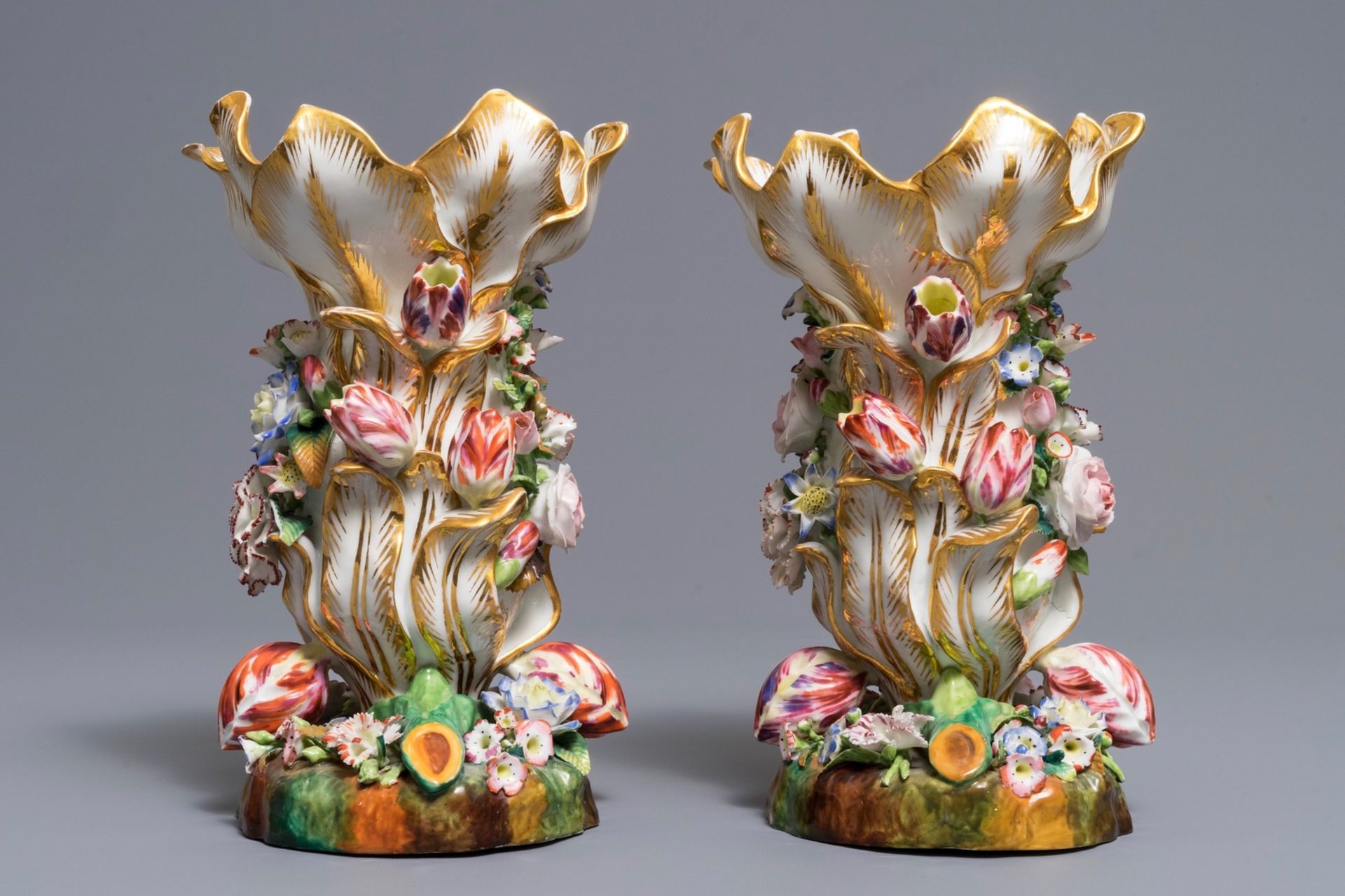 A pair of vases with applied floral design, Jacob Petit, Paris, 19th C. - Image 4 of 6