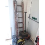 A vintage wooden extending three-section ladder, vintage tools, electric extension cable etc E/T