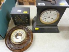 Victorian slate mantel clock and one other and a vintage barometer in a carved frame
