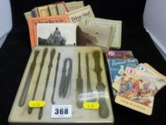 Cased reproduction set of antiquity tools and a collection of Valentine's Snapshots cards etc