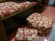 Three similarly upholstered items including footstool, pouffe and blanket box