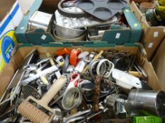 Two boxes of vintage cutlery and cookware etc