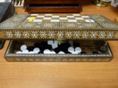 Neat inlaid backgammon board with contents