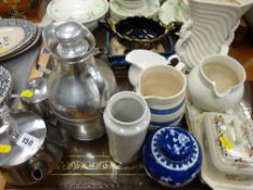 Items of metal tea service ware, blue and white milk jug and other miscellaneous china