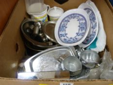 Box of metal service ware, miscellaneous china etc