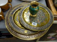Two pairs of colourfully decorated brass display plates and a modern brass vase