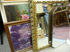 Good sized gilt framed bevelled edge wall mirror and a small quantity of paintings and prints etc