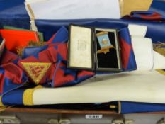 Vintage leather suitcase containing a quantity of Masonic regalia, booklets and ephemera etc