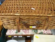 Coracle wicker picnic basket and contents and a vintage tapestry topped footstool