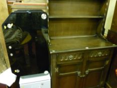 Narrow chest of three drawers, chrome and glass TV stand and a Priory style dresser