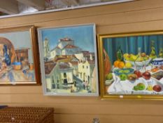 V LAMB three framed oils on board - still life studies and a Mediterranean street scene