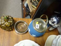 Wedgwood Jasperware biscuit barrel, two wine coasters, retro soda syphon and a Sylvac pot