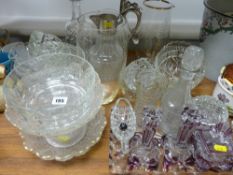 Overlaid glass dressing table set, claret jug, decanter with stopper and other glassware