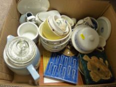Box of mixed pottery and china including decorative wall tiles, Portmeirion 'Pomona' etc