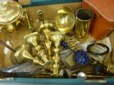 Box of vintage brassware and a cased pair of binoculars