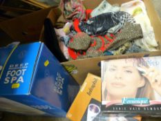 Box of lady's purses, scarves, boxed footspa and beauty therapy items etc