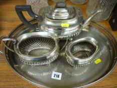 Three piece electroplate tea service and a galleried tray
