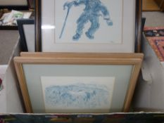 Box of framed pictures and prints including three faded Kyffin Williams prints